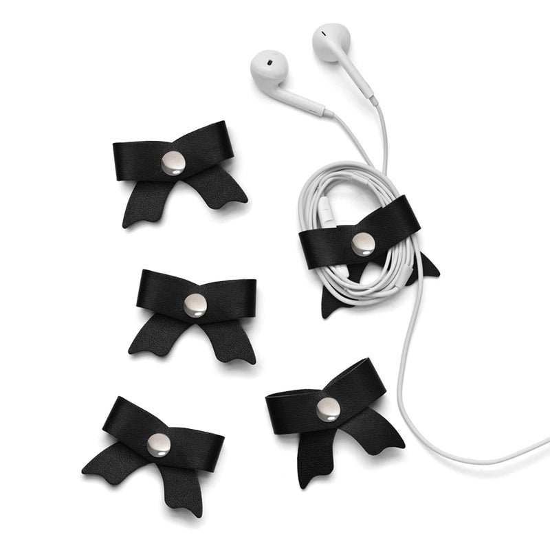 SenseAGE 5 Pack Cord Organizer, Bow Cord Keeper, Cable Organizer USB Holder, Leather Cable Management, Cable Straps, Earphone Winder, Storage Straps for Electronics, Earbuds, Small, Black - Image 1